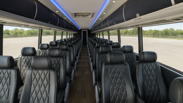 Interior of Texas Party Bus Company's 56 Passenger Charter Bus in Texas